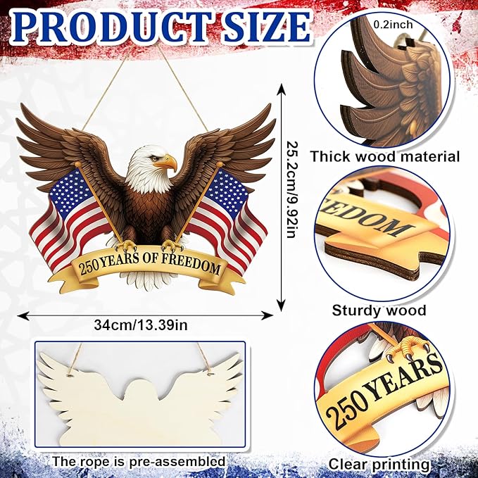 250 Anniversary 4th of July Decoration Door Wreath for Front Door Sign Patriotic Eagle Wall Signs 250 Years of Freedom 1776-2026,Independence Day Patriotic Day Wreath Memorial Day Hanging for Home