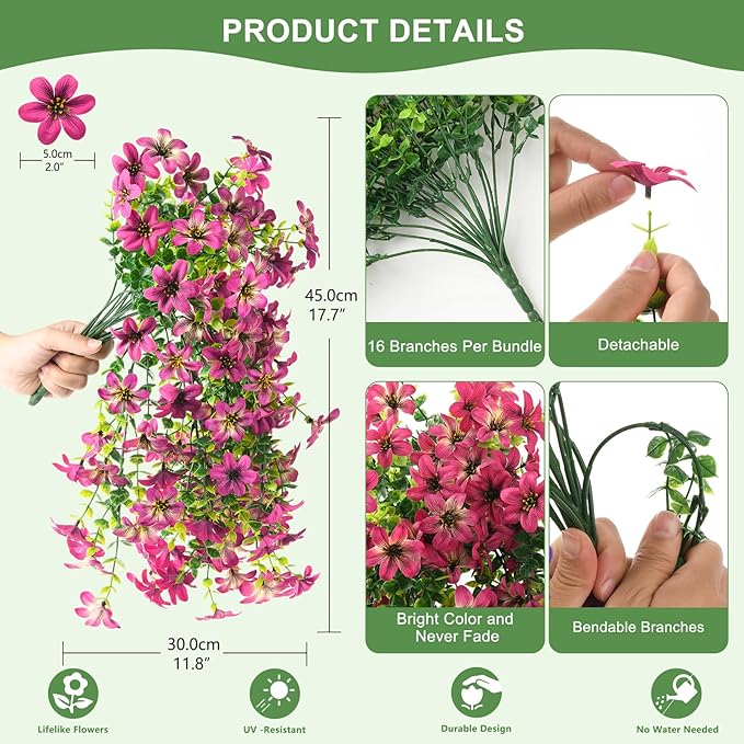 Artificial Flowers for Outdoors, 2 Pcs Fake Hanging Flowers Plants Outdoors Spring Summer Decoration, UV Resistant Faux Flower for Outdoor Planters Porch Patio Yard Home Decor(Gradient Purple Red)
