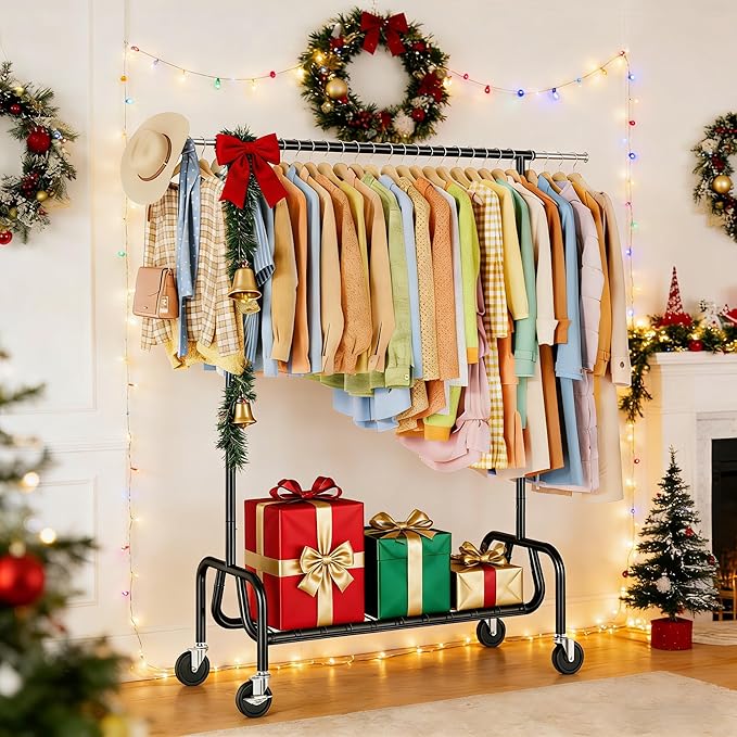 Heavy-duty Clothing Rack with Wheels, Rolling Clothes Rack with Shelf, Clothes Racks for Hanging Clothes, Metal Standing Garment Racks, Black
