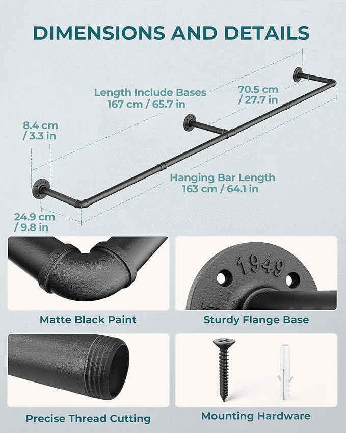 OROPY Clothes Rack, 65.7" Industrial Pipe Clothing Rack for Hanging Clothes, Wall Mounted Heavy Duty Space Saving Garment Rack for Closet Storage, Black, 3 Base