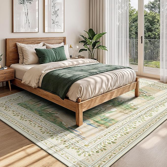 Lessymo Floral 8x10 Area Rugs for Living Room, Soft Non Slip Washable Rugs for Dining Room Bedroom, Low Pile Green Rug, Cottagecore Impressionist-Style Decor Carpet, Beige Sage