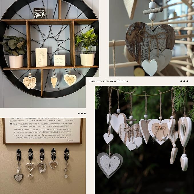 Sun&Beam Heart-Shaped Wooden Decorative 2Pcs Hanging Handmade Hearts Ornaments for Wedding Party Valentine Christmas Home Decoration Car Décor (K-#5, 2Pcs)