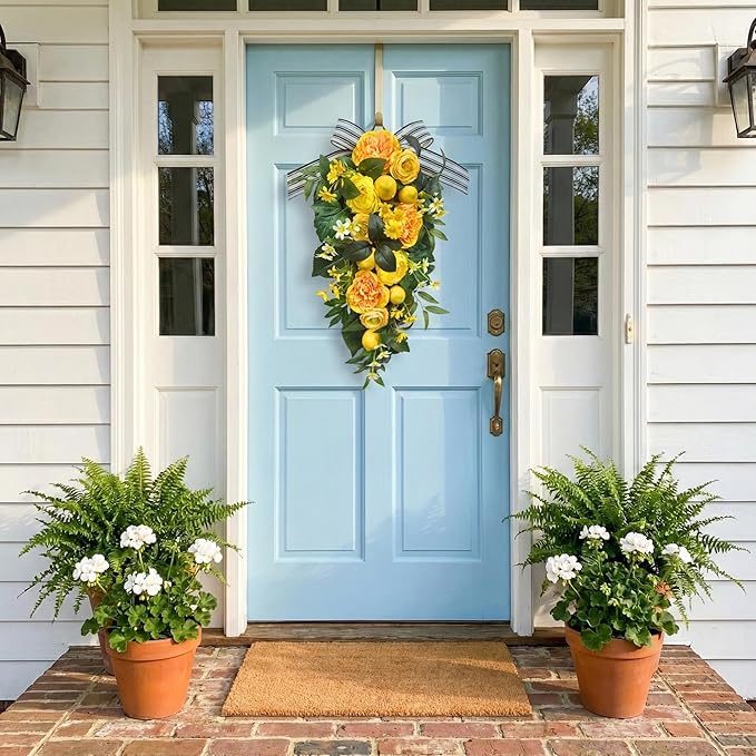 24 Inch Pre-Lit Lemon Swag for Front Door with 10 LED Lights Artificial Spring Summer Floral Teardrop Decoration with Striped Bow Yellow Peony for Spring Summer Farmhouse Decor Indoor Outdoor