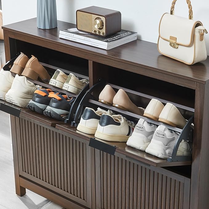 4 Flip Drawers Shoe Cabinet Storage for Entryway, Narrow Hidden Shoes Cabinet Organizer Front Door Entrance Thin Free Standing Front Door Shoe Rack Storage for Entryway(Brown)