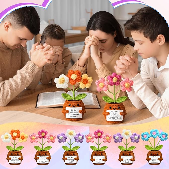 Wavwavw 6 Pcs Christian Gift for Women Inspirational Religious Gifts Positive Faith Scripture Crochet Handmade Bible Verse Crochet Doll with Prayer Card for Vbs Church(Puff)