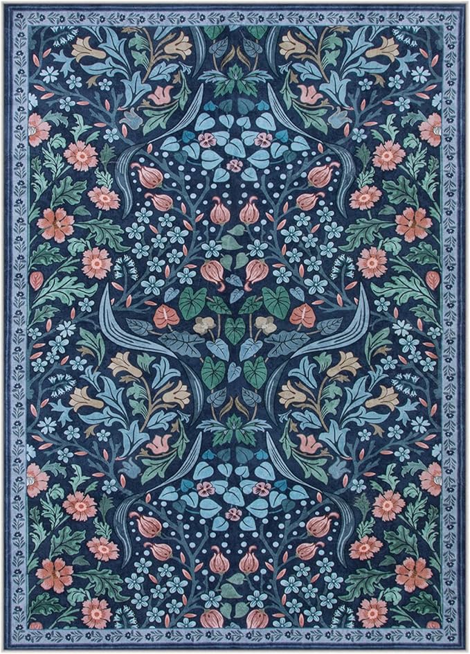 Moynesa Floral Washable Rug, Boho 5x7 Area Rugs for Living Room, Non Slip Large Dining Room Rug Under Table, Botanical Ultra Thin Floor Carpet for Bedroom Home Office, Blue