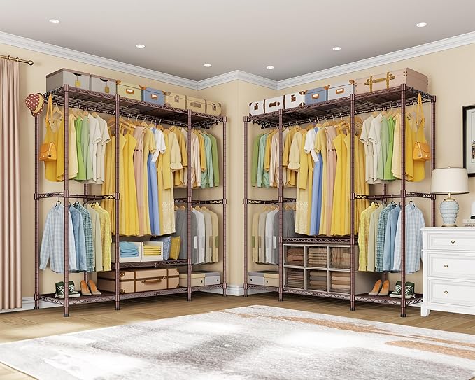 Ulif E3 Heavy Duty Garment Rack, 4 Tiers Freestanding Closet Organizer System with 5 Shelves, Metal Closet Organizer and Storage System for Clothes, Max Load 850lbs, 58.4"W x 15.7"D x 77.3"H, Bronze