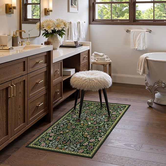 Moynesa Floral Kitchen Rug, 2x3 Washable Rugs Green Non Slip Boho Bathroom Rug, Soft Small Area Rug Indoor Door Mat, Ultra Thin Botanical Throw Rugs for Entryway Bedroom, Green