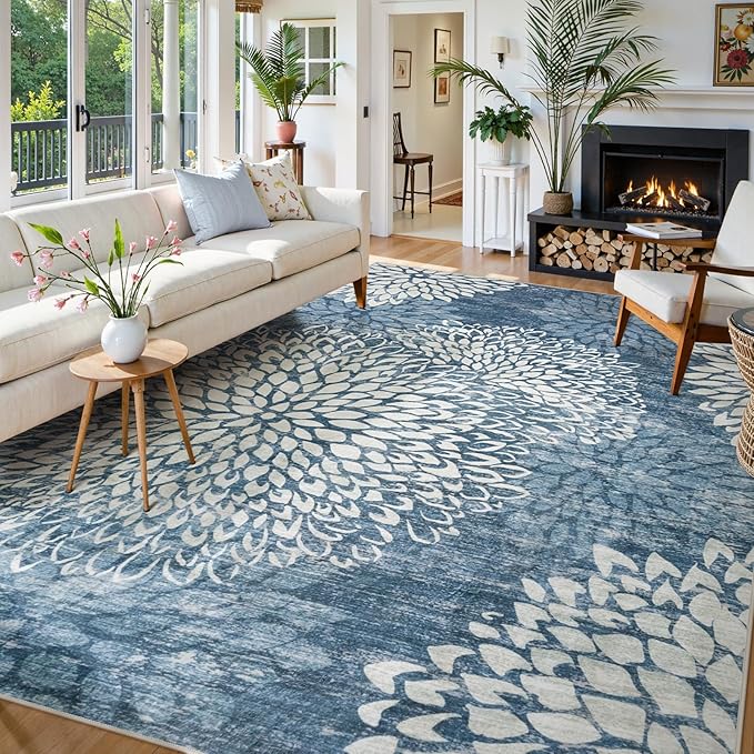 Dahlia Blue Washable Area Rugs 8x10, Low Pile Floral Bedroom Rug 8x10 Under Bed, Boho Soft Large Rug for Living Room, Non Slip Floor Carpet for Dining Room Office,Blue