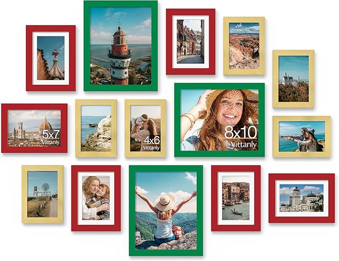 Vittanly 15 Pack Picture Frames Collage Wall Decor, Multi Sizes Including 3pcs 8x10, 6pcs 5x7 and 6pcs 4x6 Photo Frames, Gallery Frame Set for Wall or Tabletop Display, Green, Red and Gold
