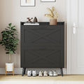 32" W Farmhouse Shoe Storage Cabinet with 2 Flip Drawers and Barn Door Design, Adjustable Shelves, Modern Hidden Slim Narrow Shoe Rack Cabinet for Entryway, Foyer, Hallway, Living Room, Black