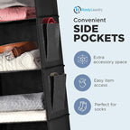 Handy Laundry Hanging Closet Organizer - 6 Shelf Storage for Clothes, Sweaters, Shoes & Accessories - Space-Saving Wardrobe Shelves with Hooks for Dorm, RV & Small Closet Organization (Black)