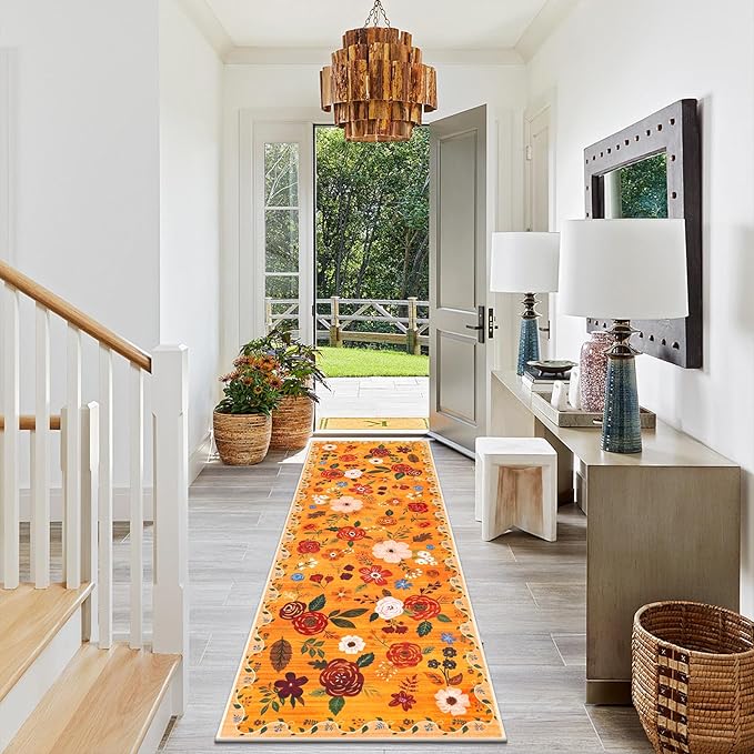 U'Artlines 2'x6' Fall Boho Runner Rug for Hallways Kitchen Colorful Floral Soft Non Slip Washable Floor Carpet Runners for Entryway Laundry Room Bathroom Orange
