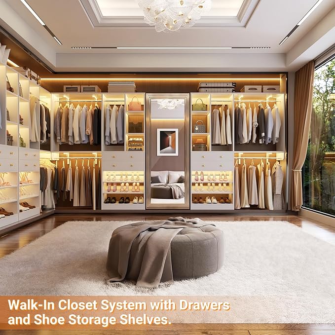 10FT Closet System with 4 Drawers, 120" Closet Organizer System with 6 Hanging Robs & Reversible Hanging Shelving, Closet Systems for Walk-in Closets, Load 2000+LBS, White 2 Pack