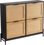 VEVOR Rattan Shoe Cabinet, Narrow Shoe Storage Organizer with 4 Flip Drawers, Slim Shoe Entryway Storage Cabinet with Metal Legs, Ideal for Entryway, Closet, Hallway, Light Wood Color