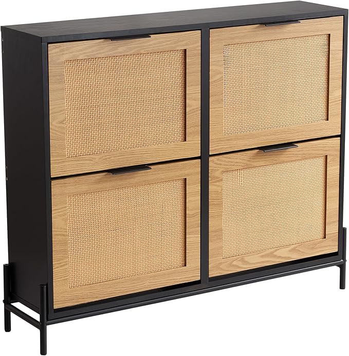 VEVOR Rattan Shoe Cabinet, Narrow Shoe Storage Organizer with 4 Flip Drawers, Slim Shoe Entryway Storage Cabinet with Metal Legs, Ideal for Entryway, Closet, Hallway, Light Wood Color