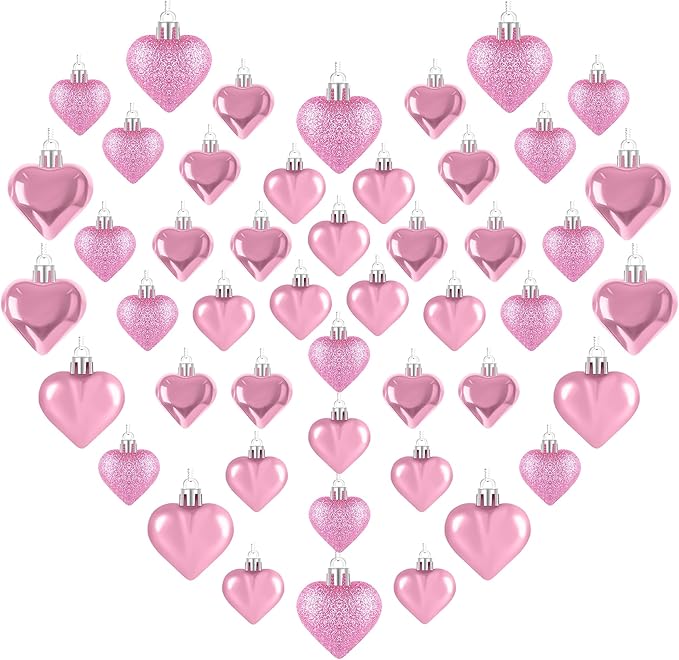 48PCS Valentine's Day Ornaments, Pink Heart Shaped Decorations, 2 Sizes Hanging Baubles, Glossy Ornaments for Wedding Anniversary Home Party Decor