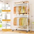 P5 Rolling Clothes Rack Heavy Duty, Clothing Racks for Hanging Clothes, Metal Garment Rack with Wheels, 3-Tier Portable Closet Rack 39.4'' W × 20.5'' D × 80.5'' H, Max Load 650 Lbs, White