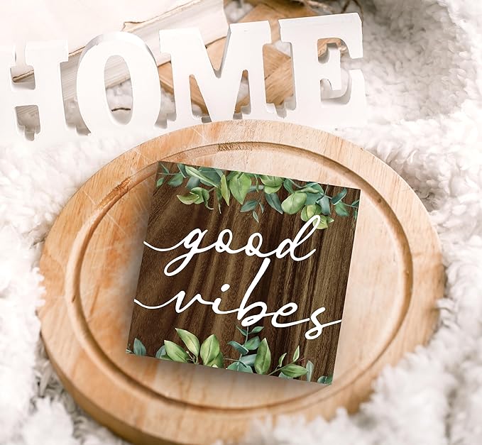 SRADMO Inspirational Green Botanical Eucalyptus Leaves Wood Box Sign Desk Decor, Rustic Eucalyptus Leaves Wooden Block Box Sign Decor for Home Office Shelf Table Decorative Accessories