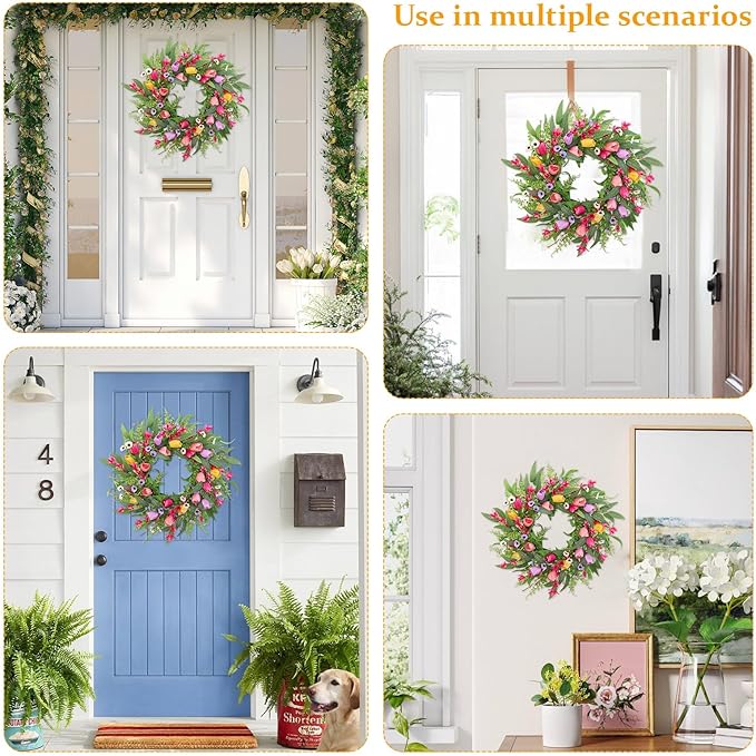 Spring Summer Wreaths for Front Door,22 Inch Artificial Tulip Wreath with Wildflowers,Eucalyptus Leaves for Indoor Outdoor Wall Porch Festival Farmhouse Home Holiday Decor.