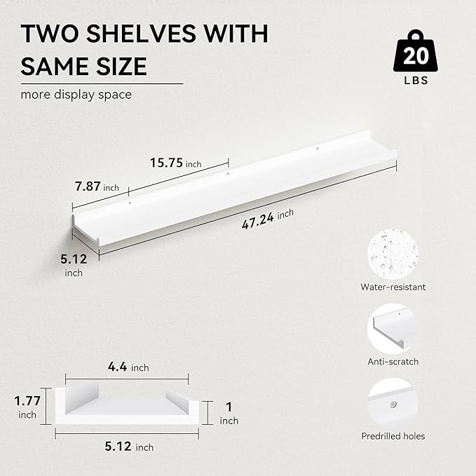 Boswillon 47.2 Inches Long Floating Shelves, 2 Set Modern Wall Shelf for Bedroom, Nursery Book Shelf with Lip, Picture Ledge Shelf for Wall Decor Living Room Bathroom Kitchen - White