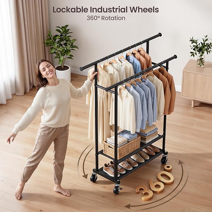 Double Rods Clothes Rack, Rolling Clothing Rack for Hanging Clothes Closet Rack with Wheels, Metal Portable Garment Rack with Double Shelves for Bedroom Laundry Living Room, Black
