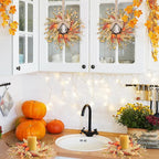 6 Pcs 9 inch Fall Wreaths Thanksgiving Artificial Swag Wreaths Autumn Hanging Wreath Harvest Candle Rings for Cabinets Farmhouse with Ribbon for Front Door Porch Wall Window Decoration