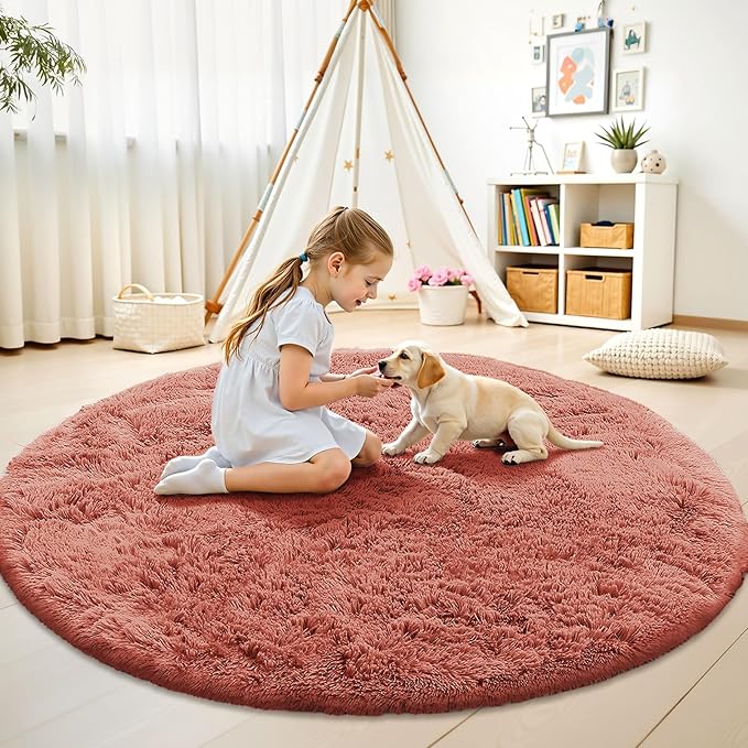 OLANLY Rust Red Round Rugs for Bedroom - Machine Washable, 8 ft Circle Area Rugs for Living Room, Soft and Fluffy Shaggy Carpet for Teen Girl and Boys, Nursery Rooms, Dorms, Home Decor Aesthetic