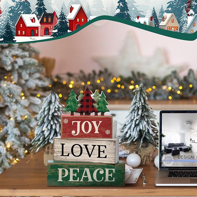 Lineshading 4 Pcs Christmas Table Decor Christmas Tree Centerpiece Joy Peace Love Sign Rustic Decorative Tree Block Signs Gift Winter Tiered Tray Decor Farmhouse for Home Xmas Party Kitchen Shelf