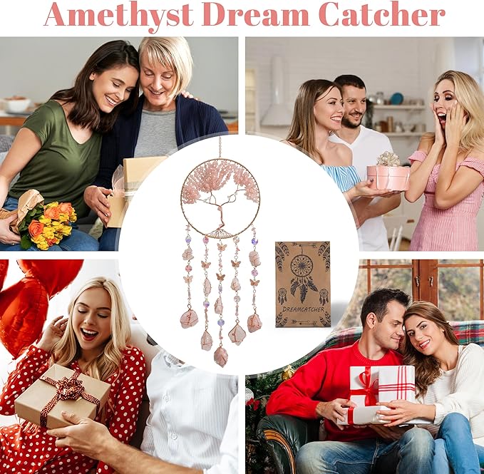 Pink Dream Catchers Crystal Tree of Life Dreamcatcher with Rose Quartz Butterfly Crystal Suncatcher for Windows Hangings Prism Decor Wall Bedroom Decoration Gifts for Boys Adults