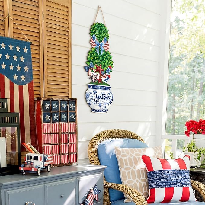 4th of July Large Size Chinoiserie Bonsai Door Hanger Patriotic Topiary Wooden Sign Front Door Home Wreath God Bless America Red White and Blue Ornament for 250 Anniversary Independence Day Yard