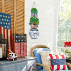 4th of July Large Size Chinoiserie Bonsai Door Hanger Patriotic Topiary Wooden Sign Front Door Home Wreath God Bless America Red White and Blue Ornament for 250 Anniversary Independence Day Yard