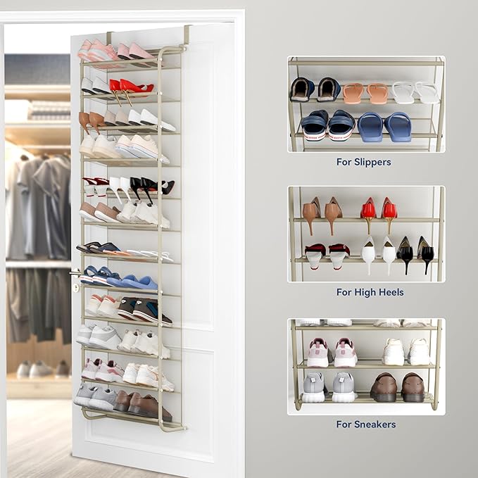 Whitmor 36 Pair Over The Door Shoe Organizer, 12 Tier Hanging Shoe Organizer, Heavy Duty Metal & Mesh Shoe Holder, Hanging Shoe Rack for Closet Organizer & Storage, 69"L x 21.7"W x 7.5"H, Oat