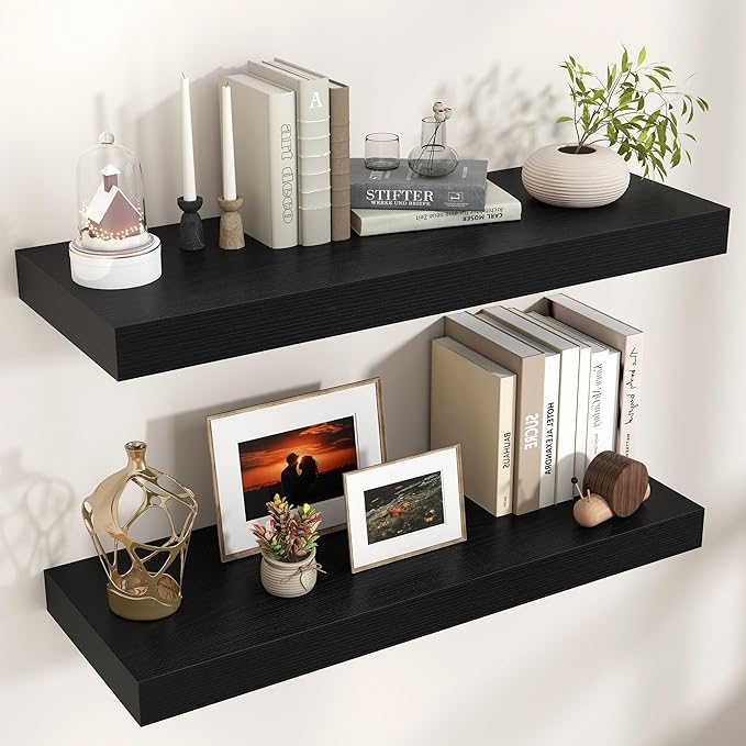 Venusmiles Floating Shelves for Wall, 36" W x 12" D x 2" H, 2 Pack of Long Wall Mounted Engineered Wood Shelves with Invisible Brackets for Living Room, Bedroom, Bathroom, Kitchen Decor, Black