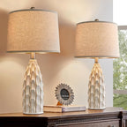 USumkky Ceramic Table Lamps Set of 2, 23.75" Modern Farmhouse Bedside Lamp - Cream Nightstand Lamps for Bedroom, Boho Living Room End Tables, Small Office Desk Lamp Decor