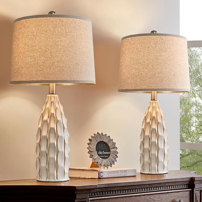 USumkky Ceramic Table Lamps Set of 2, 23.75" Modern Farmhouse Bedside Lamp - Cream Nightstand Lamps for Bedroom, Boho Living Room End Tables, Small Office Desk Lamp Decor