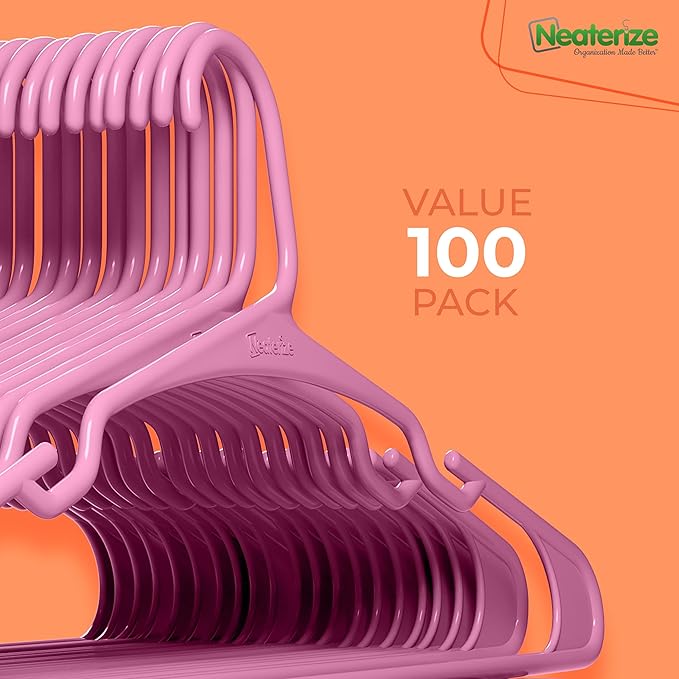 NEATERIZE Clothes Hangers Plastic 100 Pack for Adults - Plastic Hangers, The Perfect Coat Hanger and Space Saving Clothes Hangers for Closet - Pink Hangers