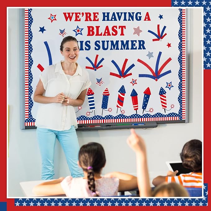 Epakh 4th of July Bulletin Board Decorations Set DIY Patriotic Fireworks Cutouts with Red Blue Crepe Paper Rolls, Independence Day Classroom Decor for Door Wall Summer School Home Supplies