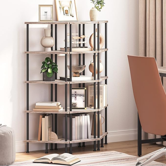 HOOBRO Corner Shelf Stand, Industrial 5-Tier Corner Bookshelf with Metal Frame, Corner Shelf Stand Display Plant Flower, Corner Bookcase for Small Spaces, Living Room, Greige and Black BG33CJ01