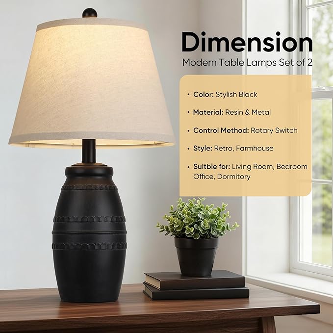 QiMH Farmhouse Table Lamps Set of 2, Bedside Lamps for Living Room, Modern Table Lamp for Bedroom, 21.5" Vintage Rustic Nightstand Lamp with Linen Shade, Black Retro Side Table Lamp for Office Home