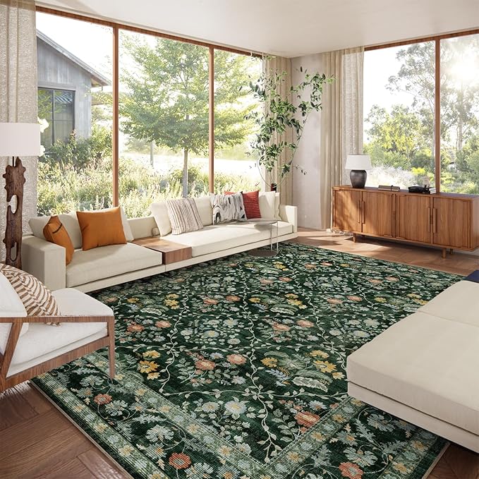 Vintage Botanical Dark Green Area Rug 9x12 Elegant Floral Pattern, Durable Stain-Resistant Fabric, Perfect for Living Room, Bedroom, Dining Room Decor