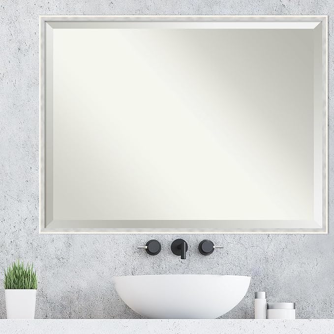Amanti Art White Wall Mirror 31x41 Paige White Silver Rectangle Bathroom Mirror for Wall Decor Living Room, X-Large Modern Wood Frame, Hangs Horizonally and Vertically, Bathroom Decor, Beveled Edge