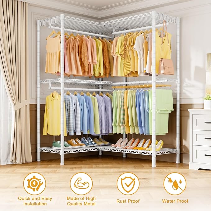 E15 Garment Rack L Shaped Clothes Rack for Corner，Freestanding Clothing Racks for Hanging Clothes，Heavy Duty Closet Organizer with 4 Hanging Rods & 8 S Hooks，43.4" W x 15.8" D x 78.4" H，White