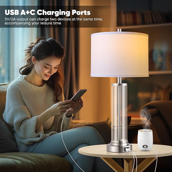 QiMH Touch Control Table Lamps Set of 2 with USB A+C Ports, 3-Way Dimmable Bedside Lamp for Living Room Bedroom House, Modern Nightstand Lamp with 2 LED Bulbs