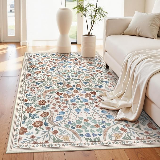 Moynesa Floral Washable Area Rugs, 3x5 Rugs for Bedroom Non Slip Soft Entry Rug, Boho Flower Small Living Room Throw Rug Ultra Thin Floor Carpet for Dorm Bathroom Nursery, Beige