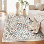 Moynesa Floral Washable Area Rugs, 3x5 Rugs for Bedroom Non Slip Soft Entry Rug, Boho Flower Small Living Room Throw Rug Ultra Thin Floor Carpet for Dorm Bathroom Nursery, Beige