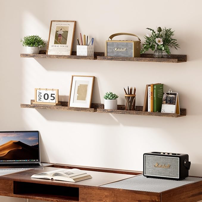 upsimples Floating Shelves for Wall, 23.6 Inch Shelves for Decor Storage Set of 6, Wall Mounted Wood Shelf for Bedroom, Living Room, Bathroom, Kitchen, Long Picture Ledge Shelves, Brown