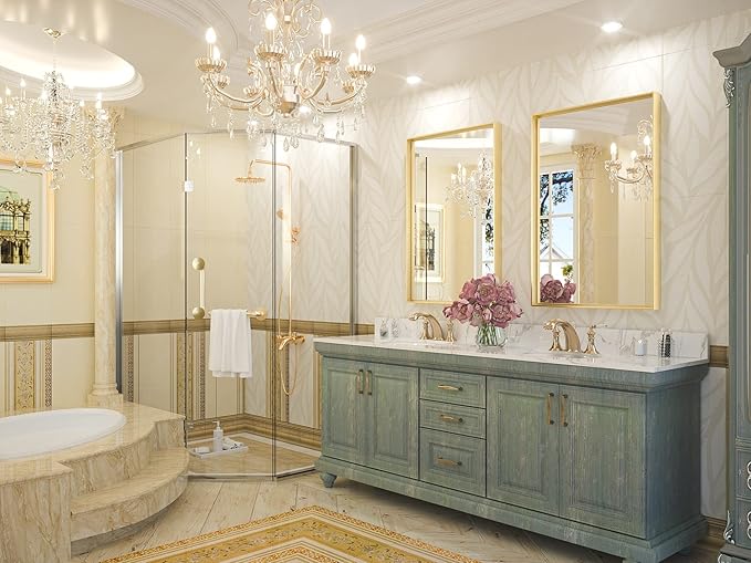 Keonjinn 24 x 36 Inch Brushed Gold Bathroom Mirror Gold Wall Mounted Vanity Mirror Metal Framed Rectangular Mirror for Bathroom Gold Rectangle Mirror with Aluminum Alloy Frame(Horizontal/Vertical)