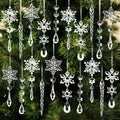 20pcs Christmas Ornaments Christmas Tree Decorations Hanging Acrylic Snowflake Icicle Crystal Ornaments with Drop Pendarts for Christmas Decorations Indoor Xmas Tree Winter New Year Party Supplies