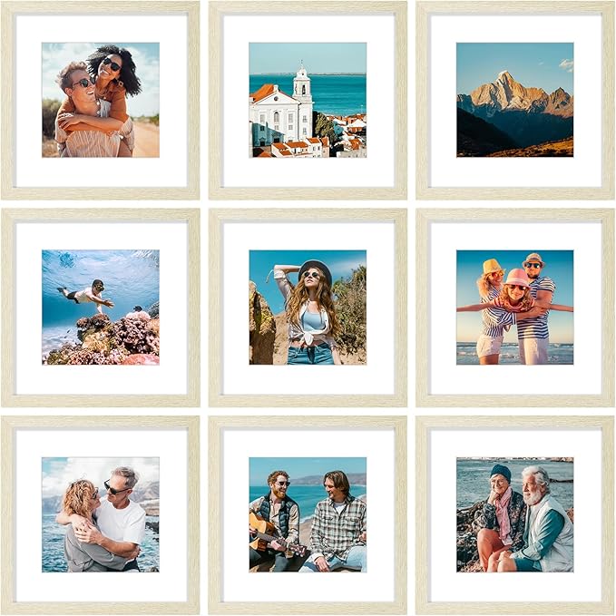 Vittanly 12x12 Picture Frames Set of 9, Shatter Resistant Plexiglass, Display 8x8 Pictures with Mat or 12x12 without Mat, Photo Frames for Wall Mount, Engineered Wood, Cornsilk